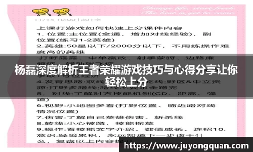 杨磊深度解析王者荣耀游戏技巧与心得分享让你轻松上分