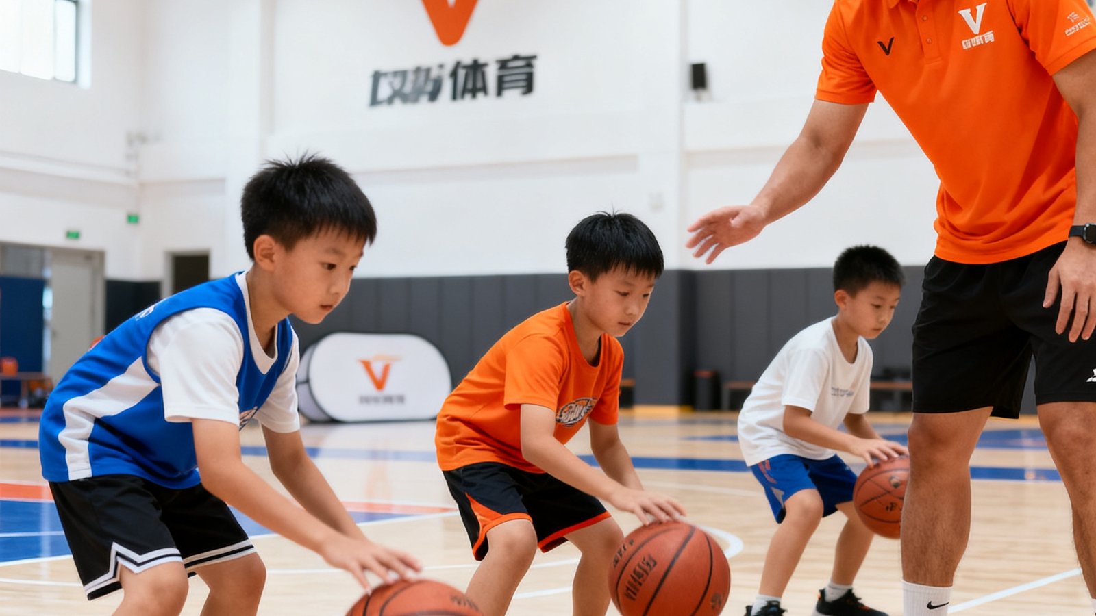 宽敞明亮的室内体育馆中，一位身穿橙色V体育训练服的教练正在指导三名小学员进行篮球基础运球练习，学员们神情专注动作认真，背景可见专业运动地板和品牌标识墙