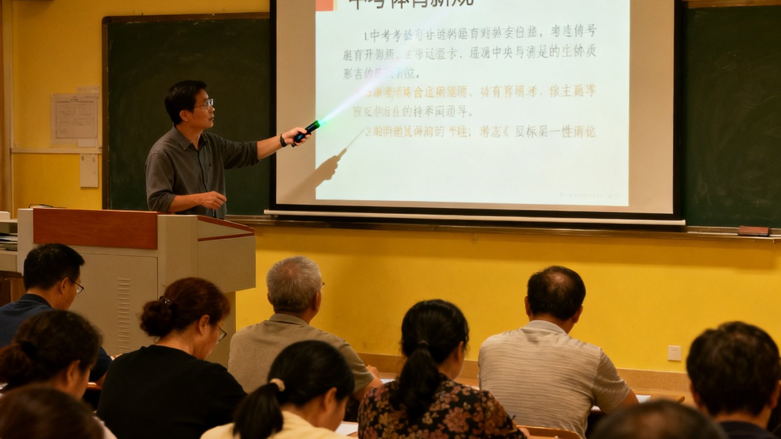 一位老师正在讲台上对着投影屏幕讲解中考体育新规，台下坐满了认真听讲的家长